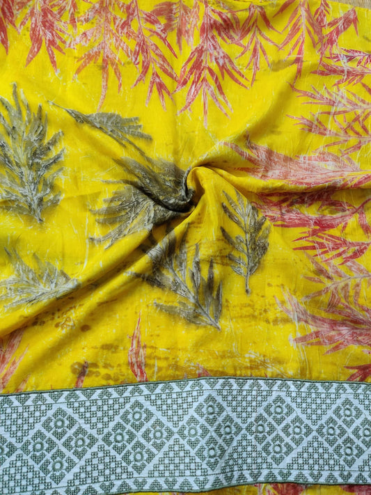 Yellow Colour Silk Blouse Fabric With Eco Print