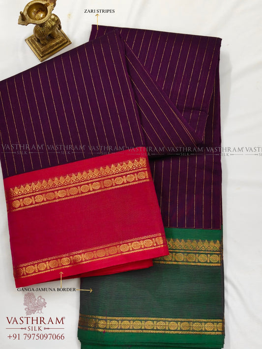 Dark Magenta Colour Cotton Saree With Zari Stripes All Over Code : PC009