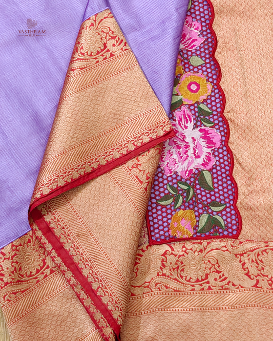 Lavender Colour Tissue Tussar & Banarasi Fusion& Silk Saree With Small Checks All Over