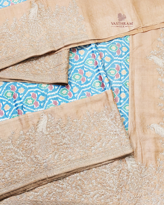 Sky blue colour Ikkat & Tussar silk saree with ikkat weaving all over