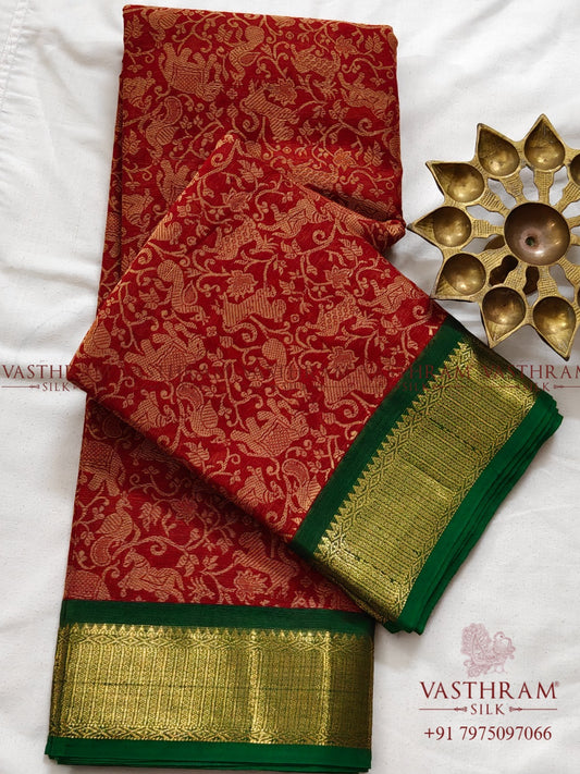 Red Colour Cotton Saree With Vanasingaram Thread Woven Motif All Over Code : PC017