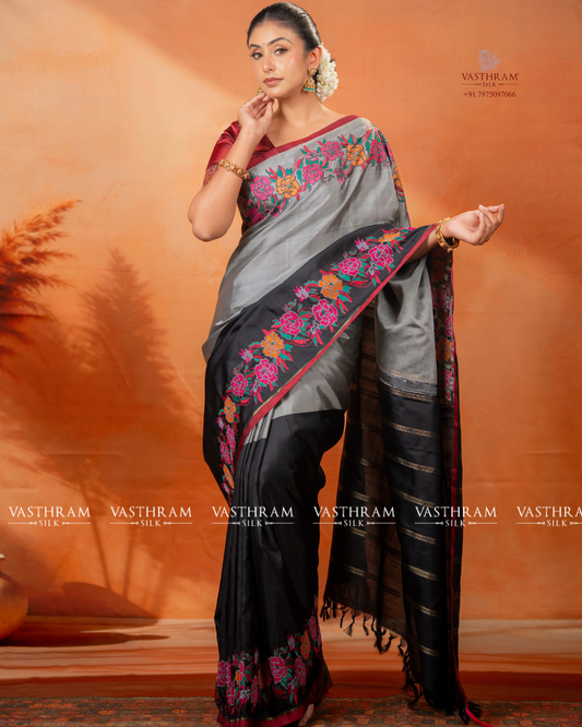 Black & Grey Colour Pure Zari Half/Half Kanchivaram Silk Saree With Plain Body Code : VA202605