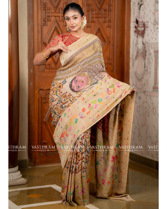 Cream Colour georgette Banarasi Saree With Pen Kalamkari All Over Code : VA202601