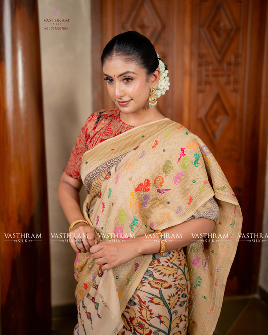 Cream Colour georgette Banarasi Saree With Pen Kalamkari All Over Code : VA202601