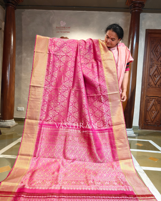 Rani Pink Kanchivaram Silk Saree With Zari Brocade All Over