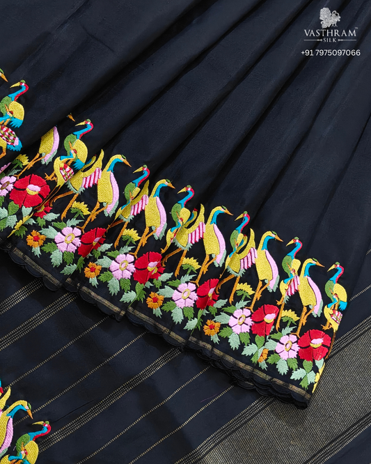 Black Colour Kanchivaram Silk With Embroidery All Over Code : KA0500