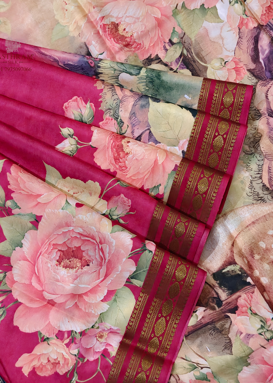 Rani Pink Colour Mysore Crepe With Floral Digital Print All Over
