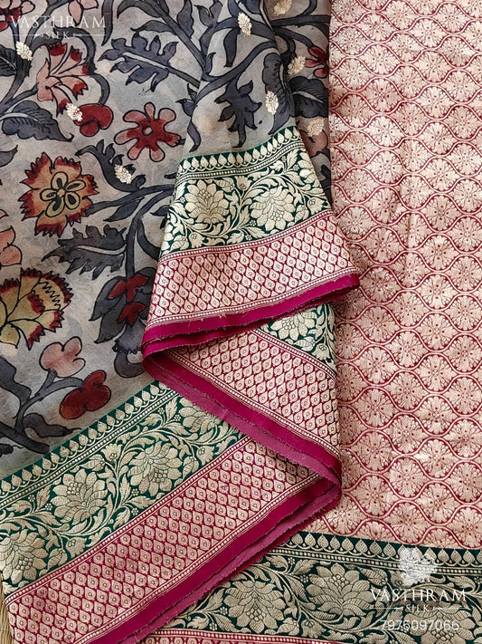 Cream Colour Banarasi Organza Saree With Pen Kalamkari All Over Code : VB0461