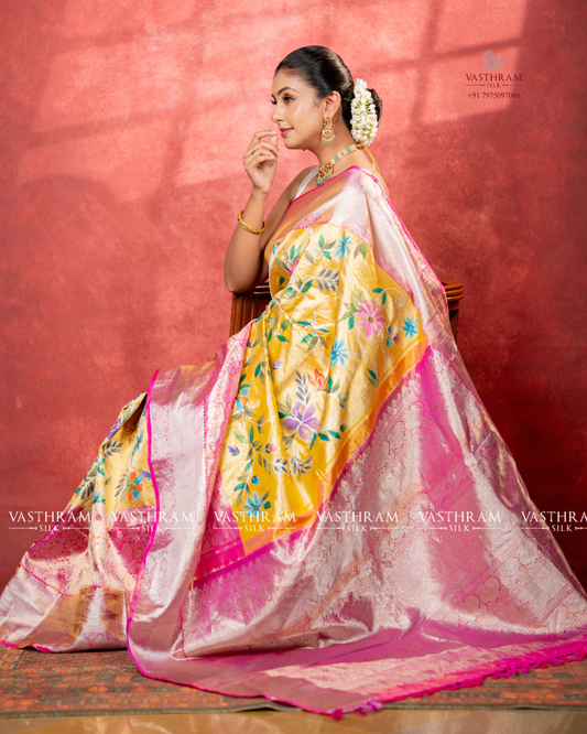 Yellow Colour Tissue Kanchivaram Silk Saree With Hand Paint All Over Code : VA202602