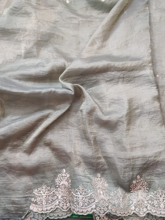 Grey tissue silk saree with embroidery all over