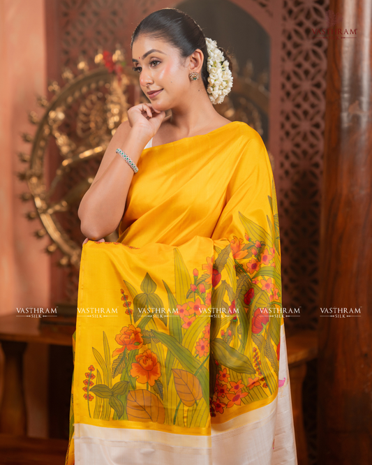 Yellow Colour Pure Zari Kanchivaram Silk Saree With Hand Painting All Over Code : VA202606