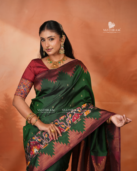 Green colour kanchivaram & ikkat fusion silk saree with zari butta all over