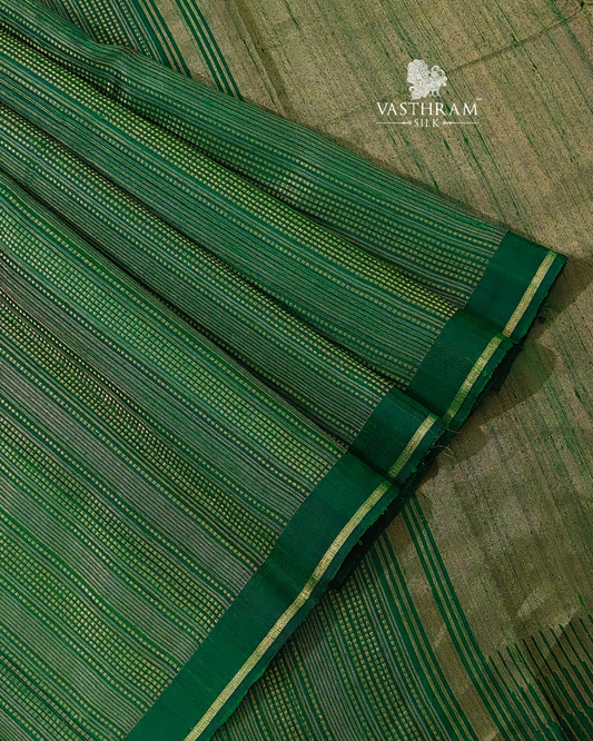 Dark Green Colour Raw Silk With Zari Stripes All Over