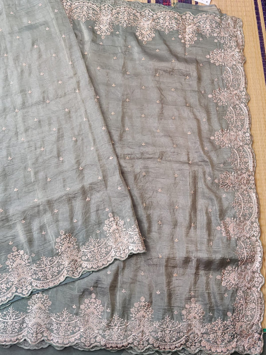 Grey tissue silk saree with embroidery all over