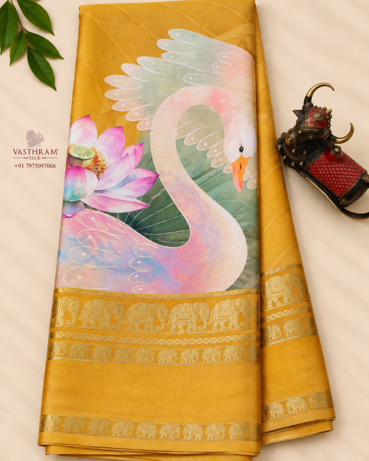 Yellow colour mysore crepe silk saree with digital print all over