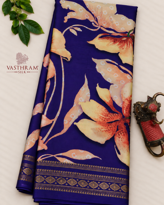 Purple Colour Mysore Crepe Silk Saree With Floral Digital Print All Over