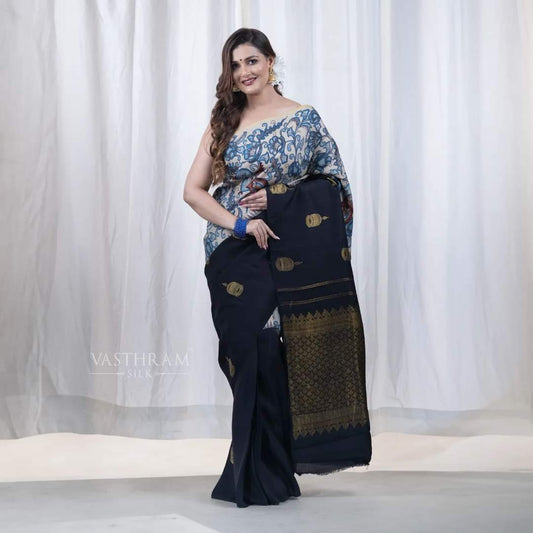 Cream & Black Colour Kanchivaram Silk Saree With Half/Half Kalamkri All Over Code : KA0305