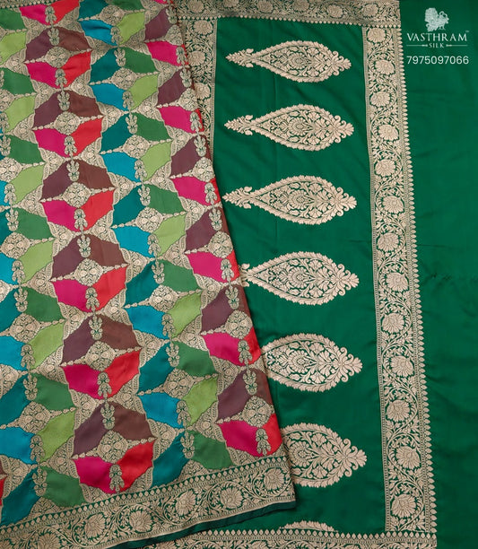 Multi Colour Semi Katan Saree With Zari & Thread Woven Motif All Over Code : VB0479