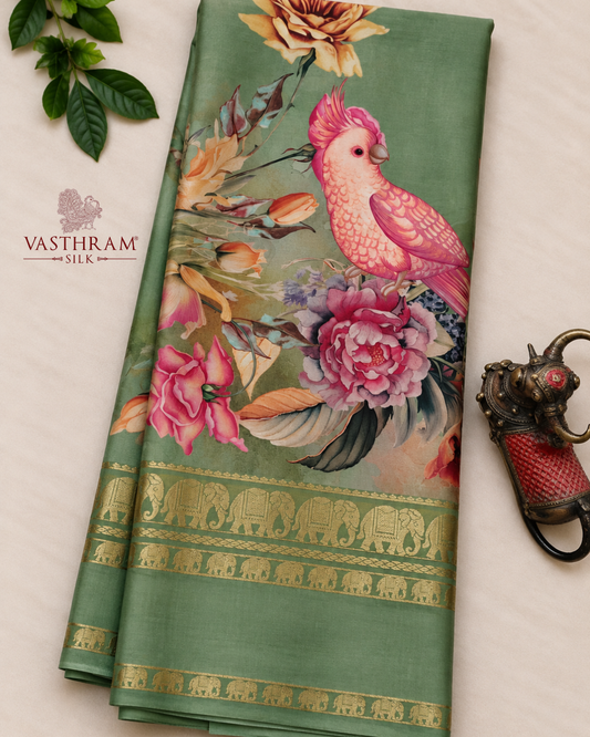 Mehandi Green Colour Mysore Crepe Silk Saree With Digital Print All Over