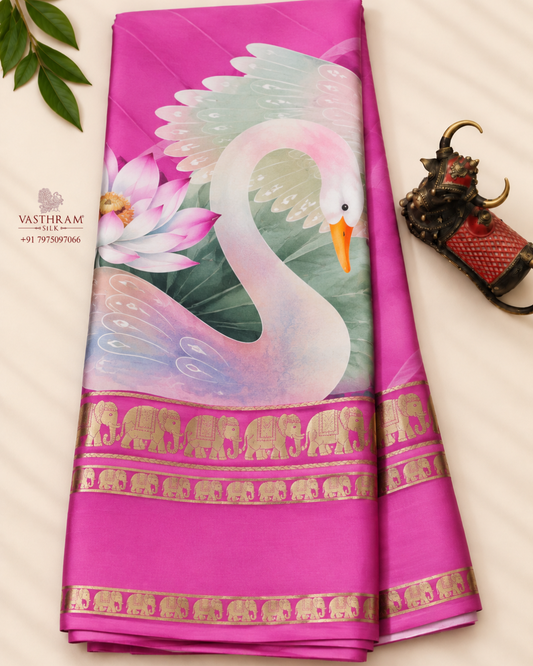 Pink colour mysore crepe silk saree with digital print all over
