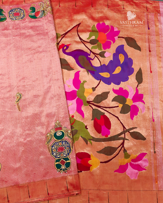 Peach Colour Paithani Saree With Tanjore Painting All Over