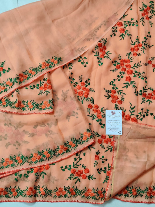 Peach Colour Georgette Saree With Embroidery Work