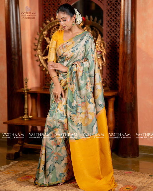 Multi Colour Pure Silk Kanchivaram Silk Saree With Floral Digital Print Code : VA202604