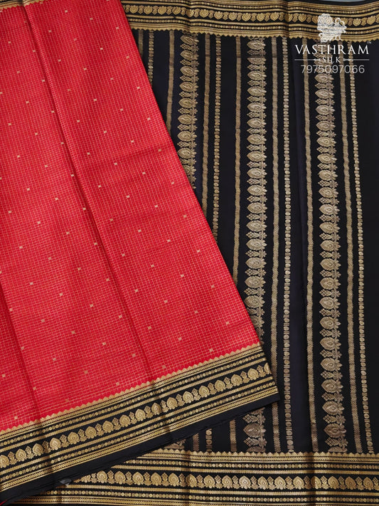 Red Colour Mysore Crepe Silk Saree With Zari Checks & Butta All Over Code : MC013