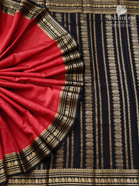 Red Colour Mysore Crepe Silk Saree With Zari Checks & Butta All Over Code : MC013