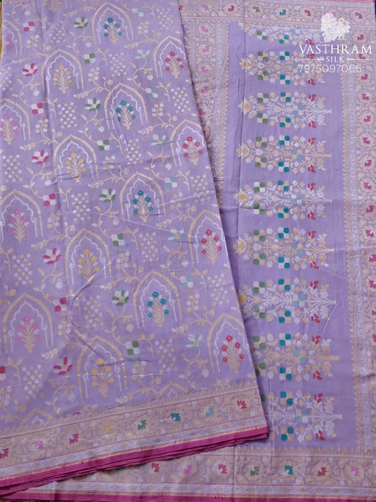 Lavender Colour Cotton Banarasi Saree With Zari & Thread Woven Motif All Over Code : VB0506