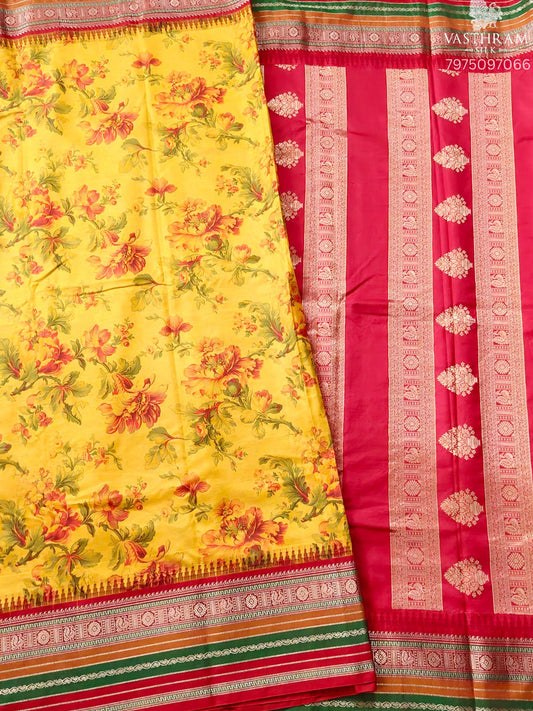 Yellow Colour Power Loom Kanchivaram Silk Saree With Floral Digital Print All Over Code : KA0456