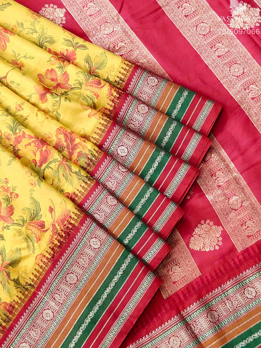 Yellow Colour Power Loom Kanchivaram Silk Saree With Floral Digital Print All Over Code : KA0456