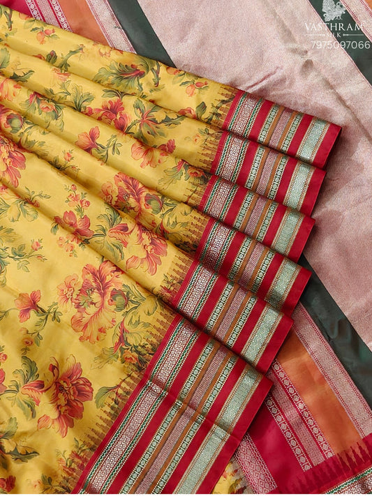 Mango Yellow Colour Power Loom Kanchivaram Silk Saree With Floral Digital Print All Over Code : KA0457