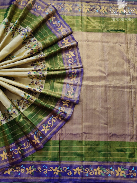 Gold Colour Kanchivaram Silk Saree With Hand Painting All Over Code : KA0459