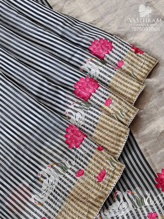 Black & White Colour Chanderi Silk Saree With Stripes All Over Code : CH007