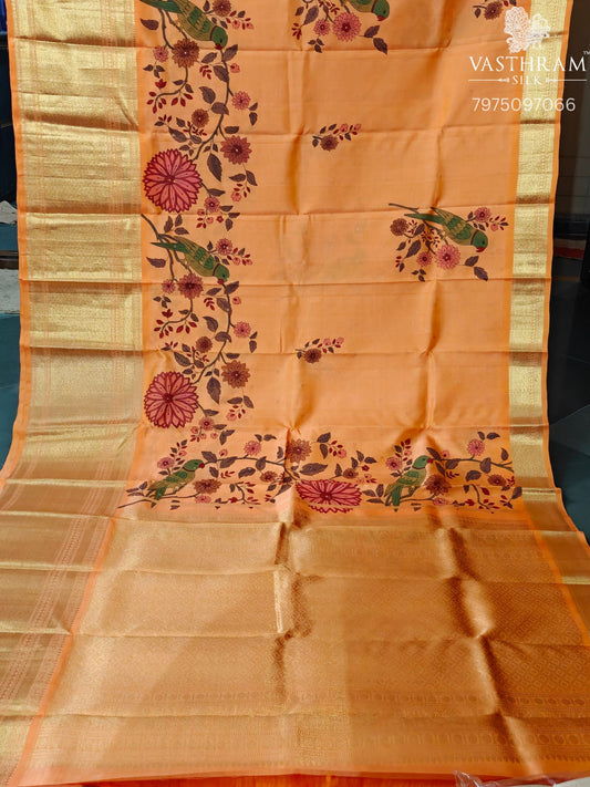 Orange Colour Kanchivaram Silk Saree With Hand Painting & Small Zari Butta All Over Code : KA0464