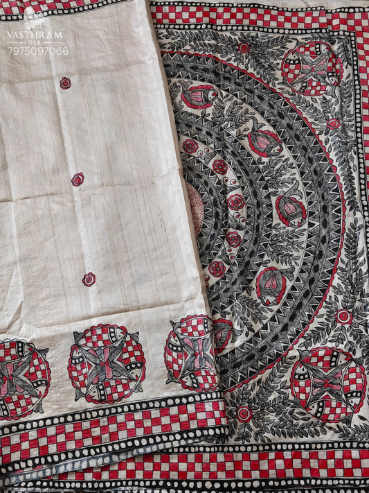 Cream Colour Tussar Silk Saree With Madhubani Paint All Over Code : KT041