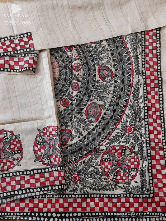 Cream Colour Tussar Silk Saree With Madhubani Paint All Over Code : KT041