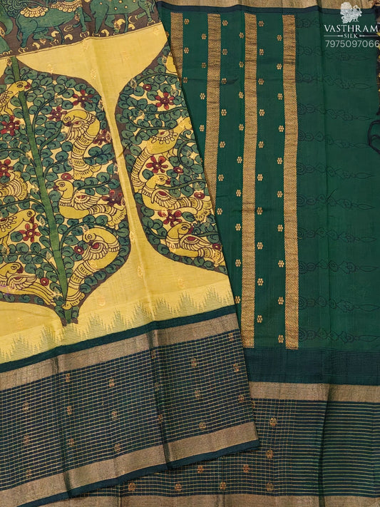 Mehandi Green Colour Silk Cotton Saree With Pen Kalamkari All Over Code : SC052