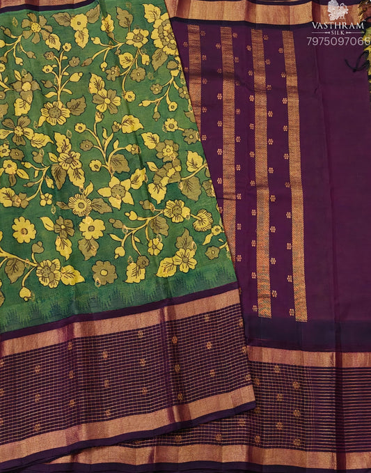 Green Colour Silk Cotton Saree with Pen Kalamkari All Over Code : SC054