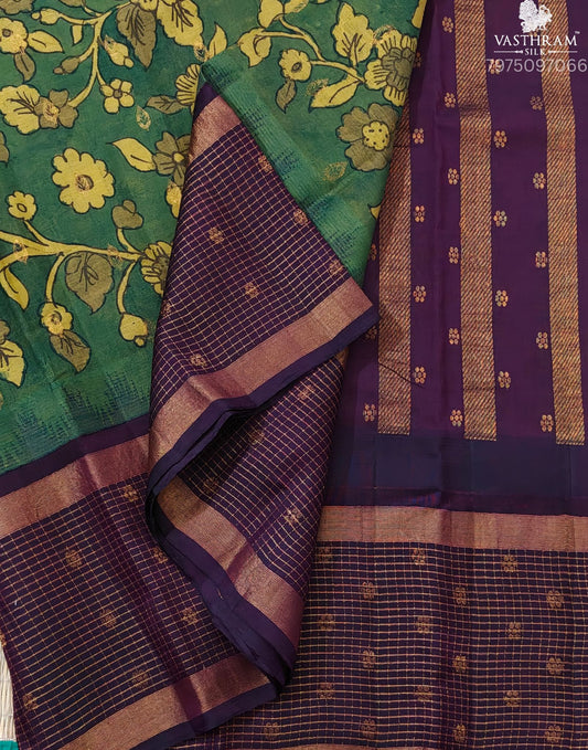 Green Colour Silk Cotton Saree with Pen Kalamkari All Over Code : SC054