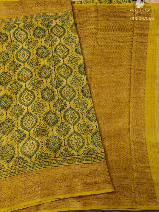 Yellow Colour Tussar Silk Saree With Ajrakh Print All Over Code : VB0546
