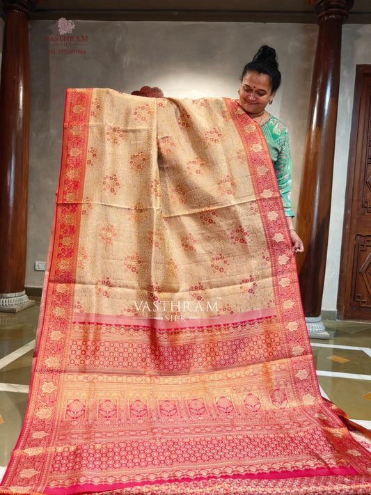 Cream Colour Kanchivaram Silk Saree With Floral Zari Motif All Over