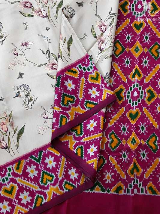 Beige Colour Ikkat Silk Saree With Floral Digital Print All Over Code : IK034