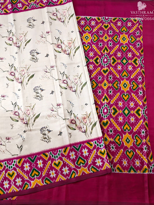 Beige Colour Ikkat Silk Saree With Floral Digital Print All Over Code : IK034