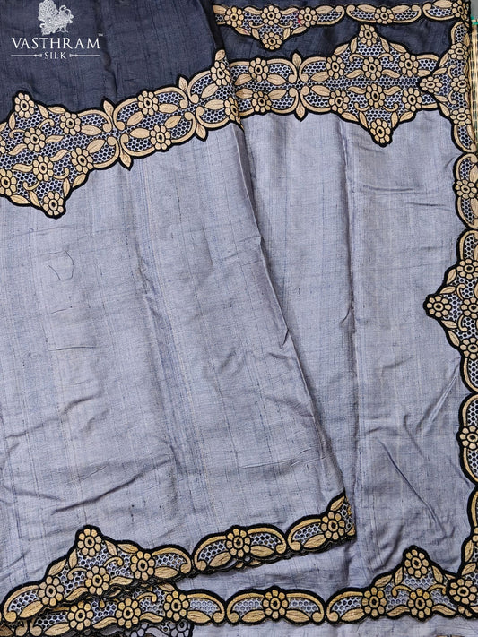 Grey & Black Colour Raising Tussar Silk Saree With Middle Cut Work Body Code : VB0545