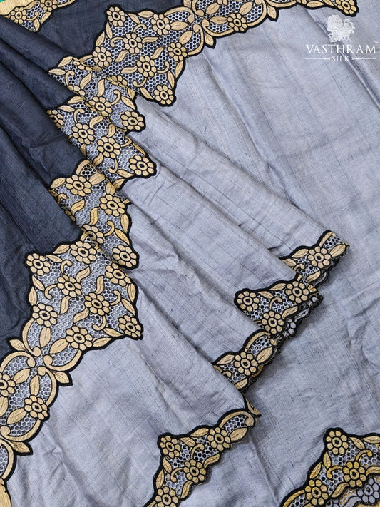 Grey & Black Colour Raising Tussar Silk Saree With Middle Cut Work Body Code : VB0545