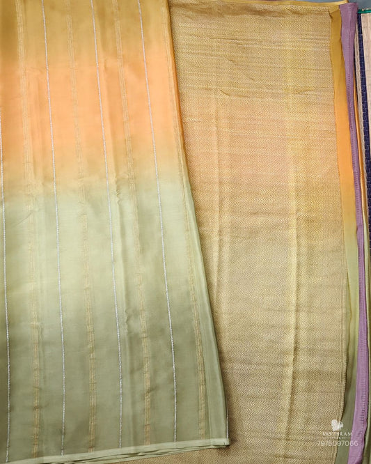 Mehandi Green And Orange Mysore Crepe Silk Saree With Zari Strips All Over Code : MC008