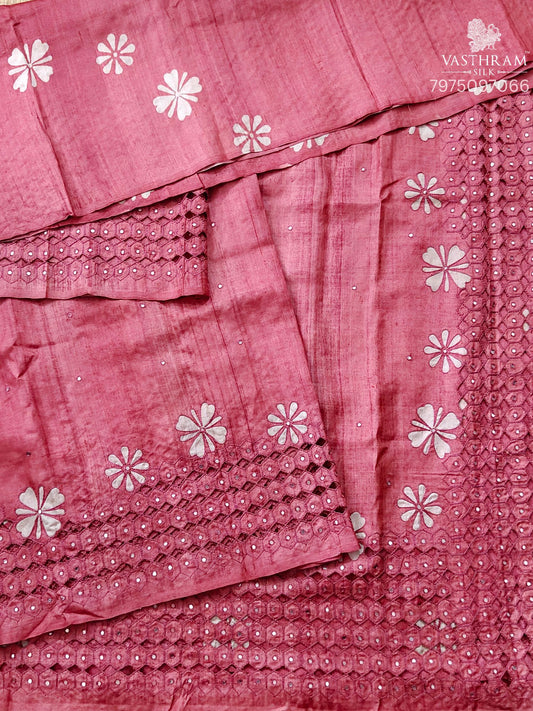 Onion pink colour tussar silk saree with zreo mirror work all over Code : KT038