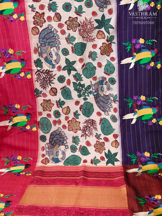 Cream Colour Kanchivaram Silk Saree With Pen Kalamkari All Over Code : KA0419